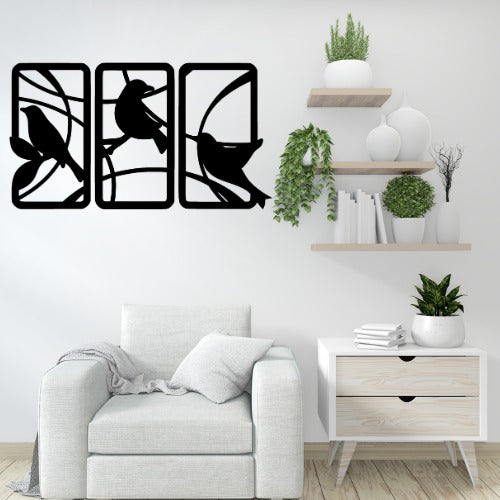 Handcrafted Wooden Sparrow Wall Decor �Nature-Inspired 3 Panel Wall Art for Home & Office