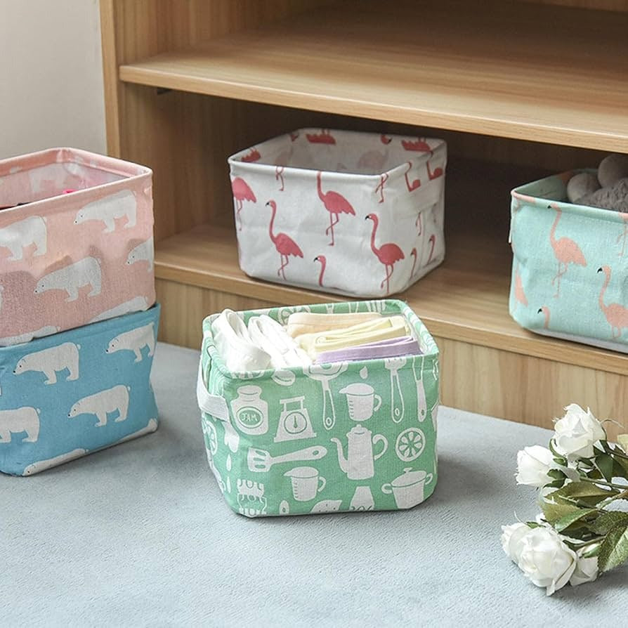 Foldable Desktop Storage Basket | Waterproof Cotton Linen Organizer | Mini Square with Handles (Random Colour And Design)