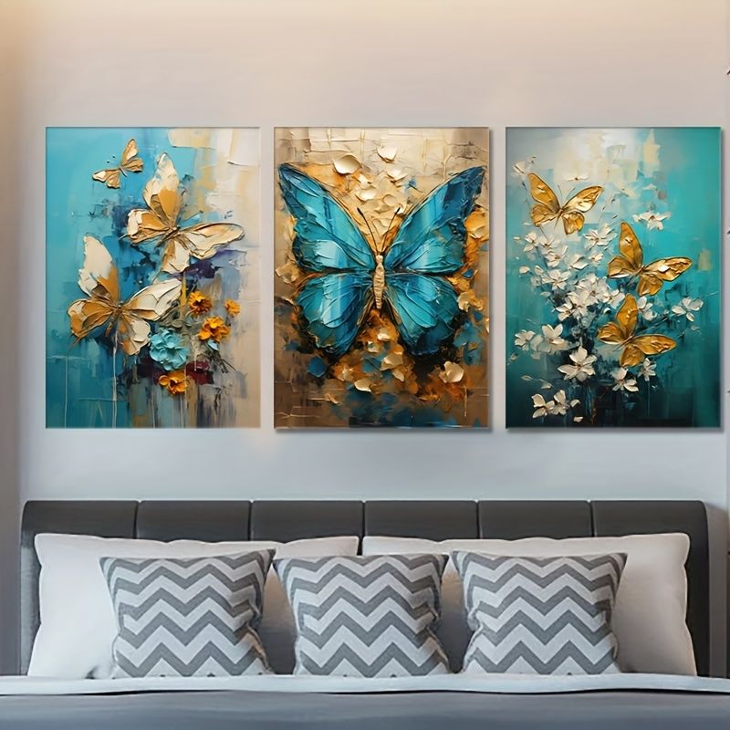 Luxury 3-Piece Butterfly & Floral Wall Frame Set �Textured Gold & Blue Art for Modern Bedrooms 8 X 11