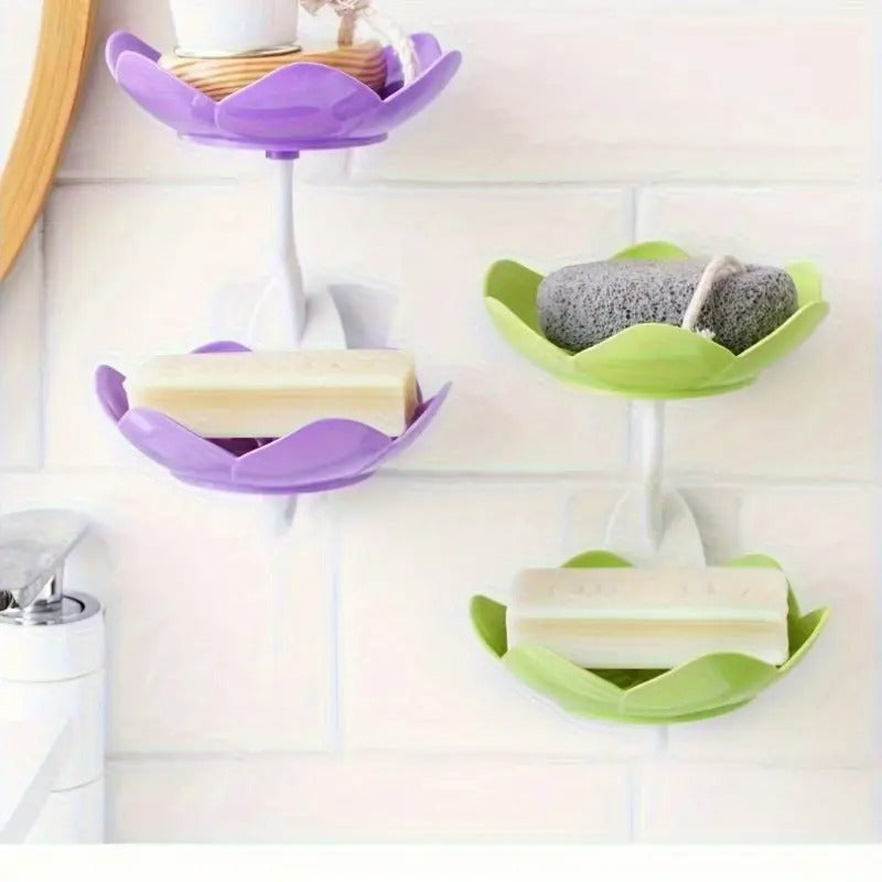 Multicolor Lotus Flower Soap Holder, Double Layer Wall-Mounted, No-Drill with Drainage, Quick-Dry Plastic Bathroom Organizer for Soap Storage, Soap Holder for Bathroom ( Random Color ) - 01 Stand