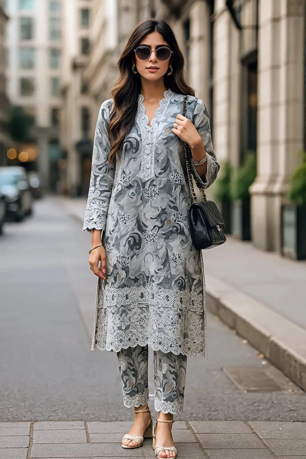 ANEELA? Luxury Embroidered Lawn 3 Piece Unstitched Suit �Grey Floral Summer Collection