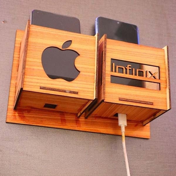 Wall Mounted Wooden Mobile Charging Holder �Phone & Charger Organizer for Home & Office