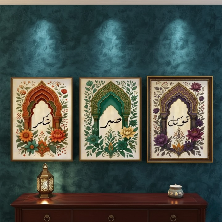 Tawakkul | Sabar | Shukar Wooden Sticky Wall Art �3 Piece Islamic Motivational Frame Set, 8x11 inch Each with Easy Sticky Tape Installation