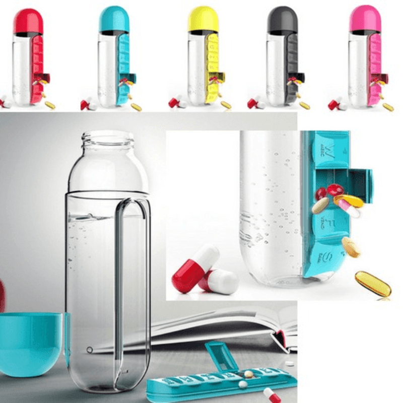 2 In 1 Water Bottle With Built In 7 Day Pill Organizer And Cup Cap Durable Portable Design For Daily Use | Random Color