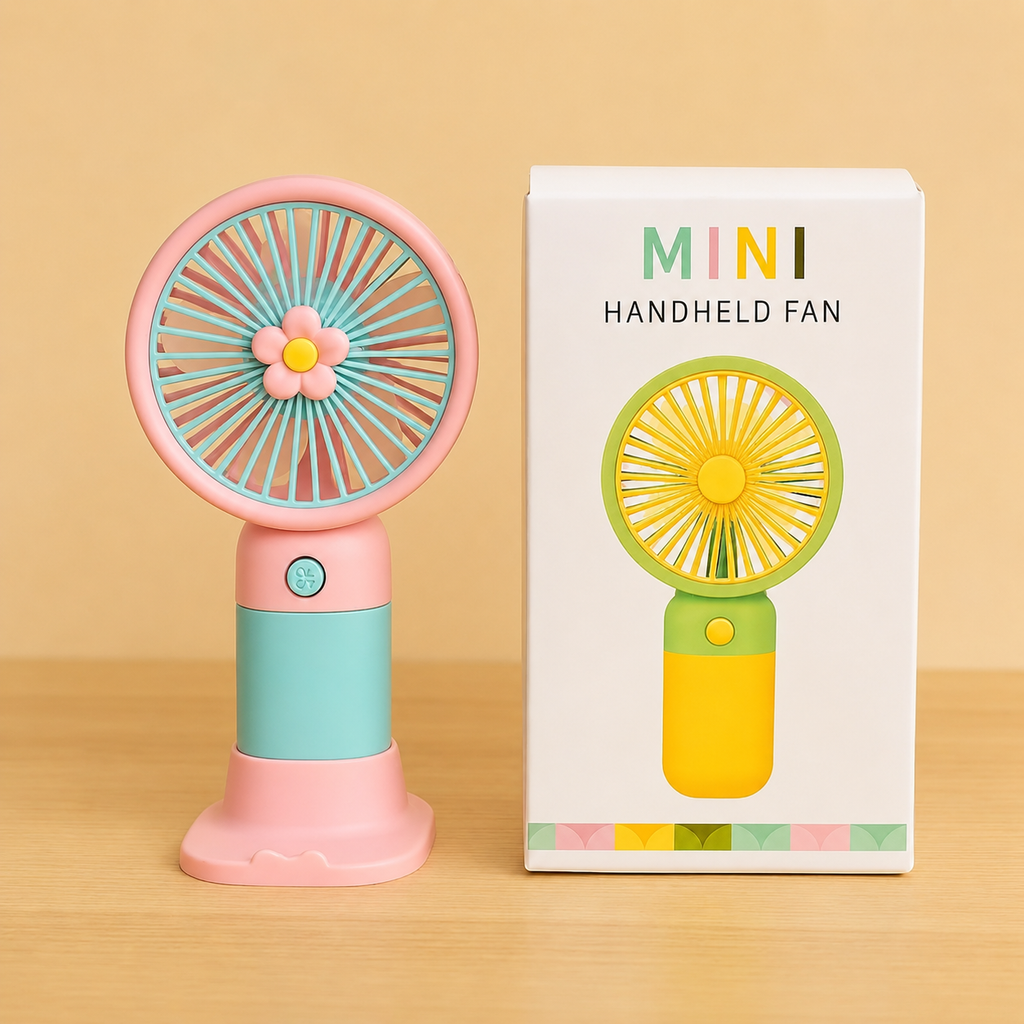 Portable Mini Rechargeable Fan with Desktop Stand, USB Charging Cable & Premium Box (Random Color)