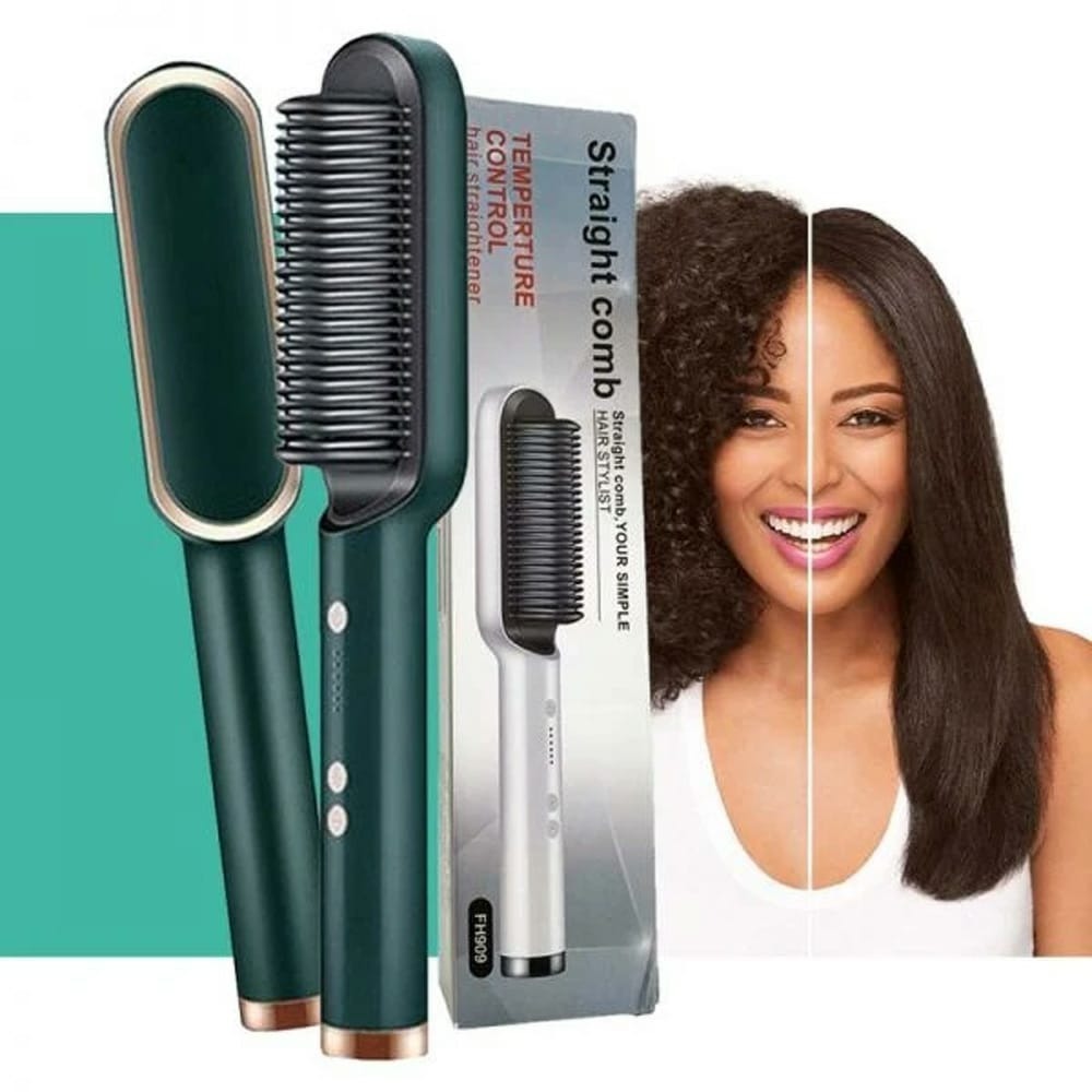 909 Hair Straightening Brush | Electric 2-in-1 Straightener & Curler | Heating Styling Comb | Quick 3-Minute Styling