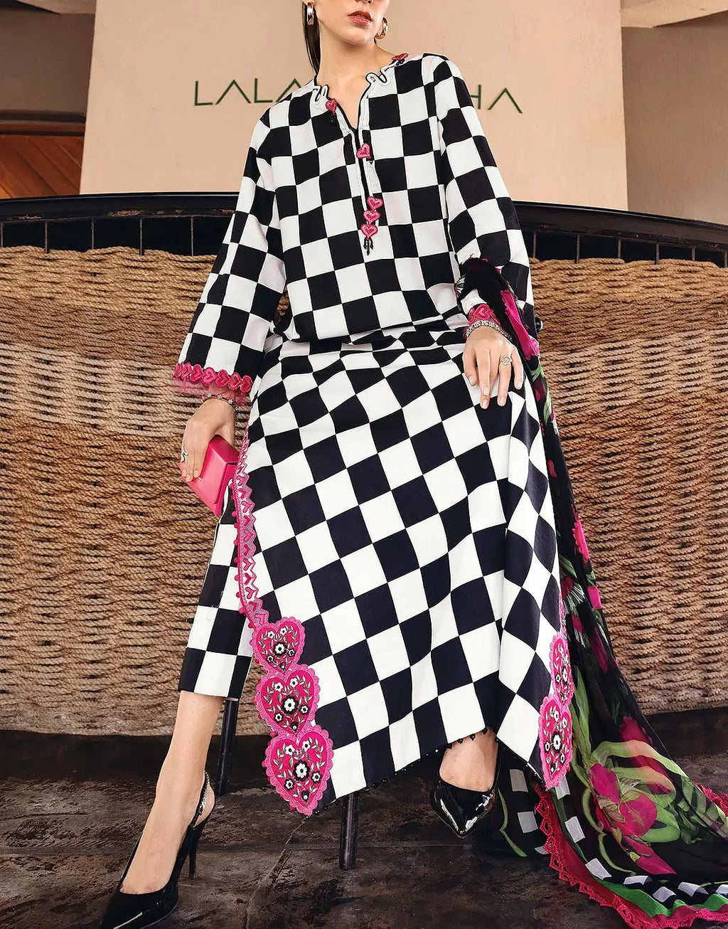 Elegant All-Over Checkerboard Print Embroidered Lawn 3Pc Unstitched Dress with Chiffon Dupatta �Summer Collection 2026