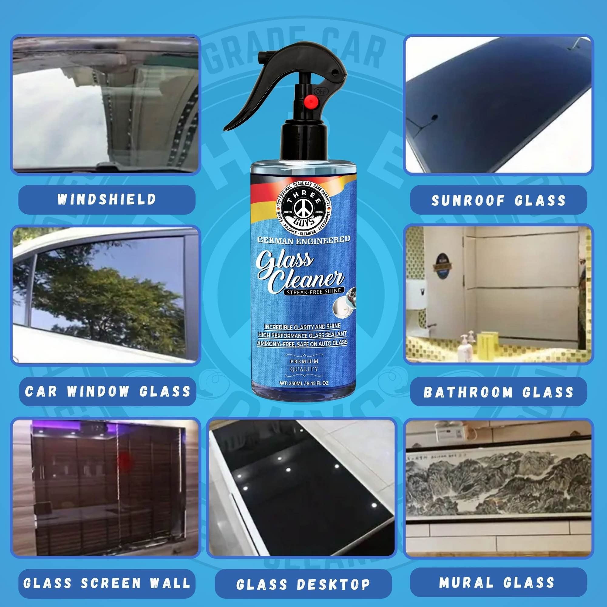THREE GUYS Glass Cleaner Spray 250ml | Streak-Free Shine for Car & Home | German Engineered Auto Glass & Window Cleaner