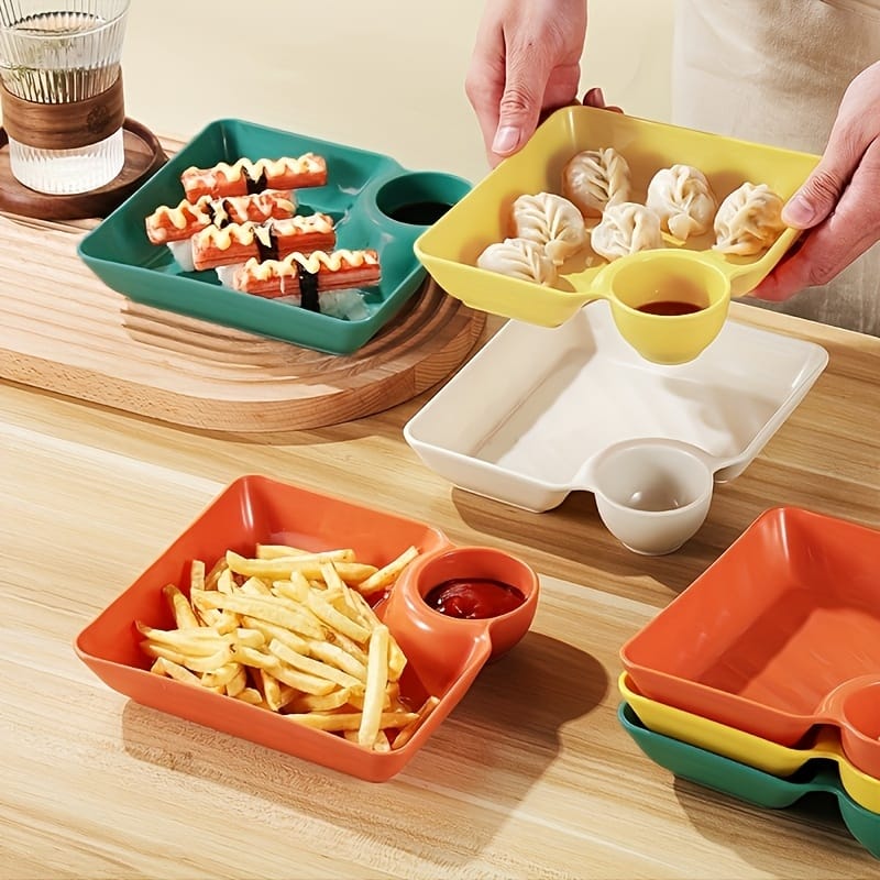 4-Piece Colorful Serving Platter Set �BPA-Free Snack, Sushi, Appetizer & Dessert Plates with Built-in Dipping Bowls for Parties & Everyday Use