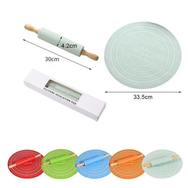 Silicone Dough Mat With Rolling Pin Set | Extra Thick Non-Slip Baking Mat For Pizza & Bread | Random Color