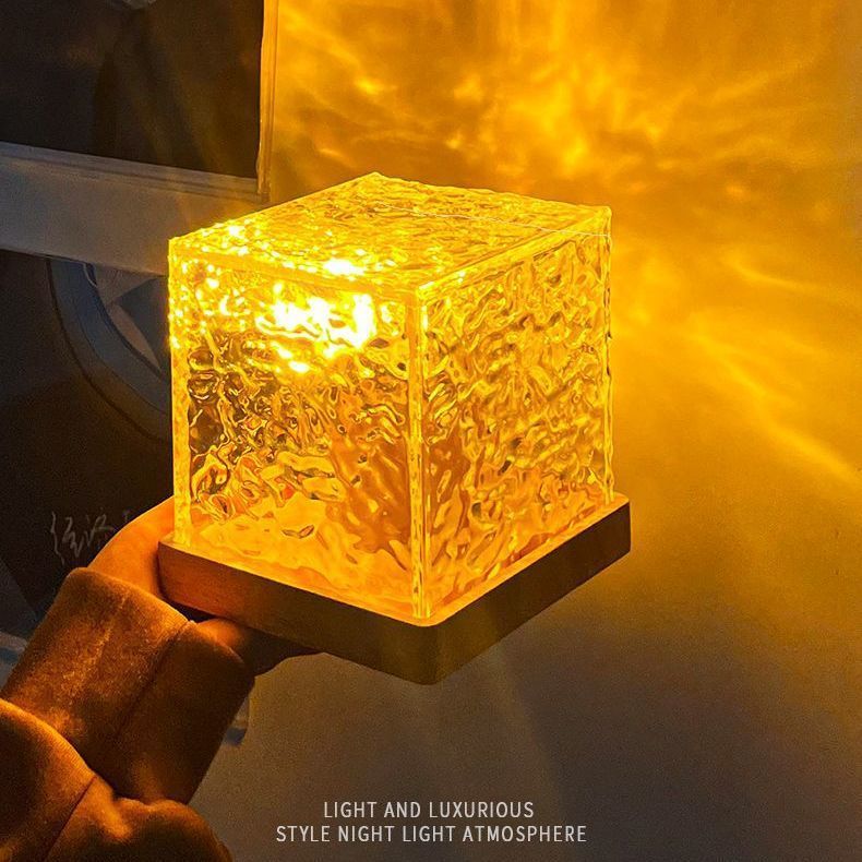 Dynamic Rotating Water Ripple Night Light 3 Colors Flame Crystal Lamp for Living Room Study Bedroom (No remote  Attached USB cable)