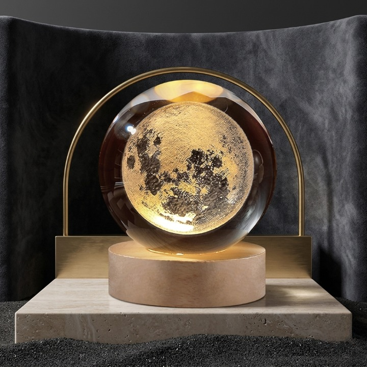 3D Galaxy Crystal Ball Lamp with Wooden LED Base �Decorative Night Light (Only Moon Shape)
