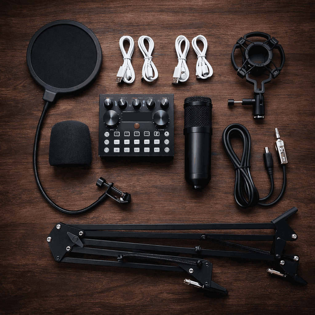 V10 BM-800 Podcast Condenser Microphone Set with Live Sound Card & Adjustable Scissor Arm Stand