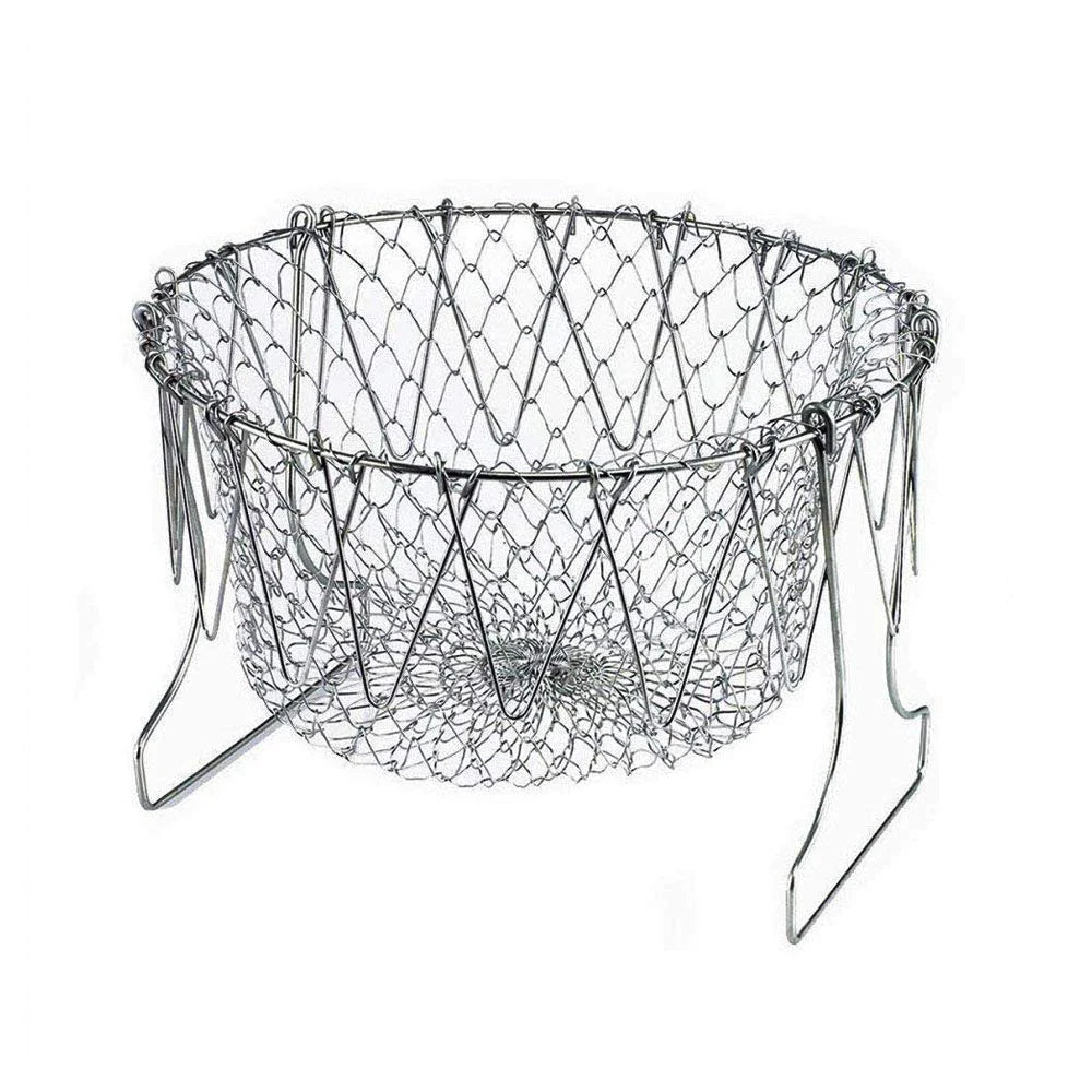 Stainless Steel Multi-Functional Foldable Chef Basket �Deluxe Kitchen Colander, Mesh Steam, Rinse, Strain & Fry Basket