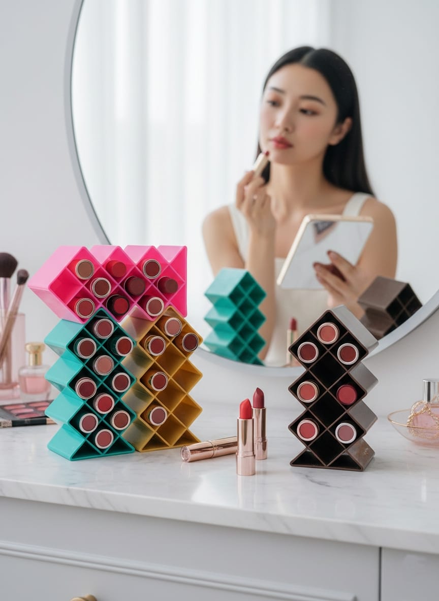 Plastic 10 Grid Lipstick Organizer with Storage Box �Makeup Holder for Lipsticks & Cosmetics - With Box (Random Color)