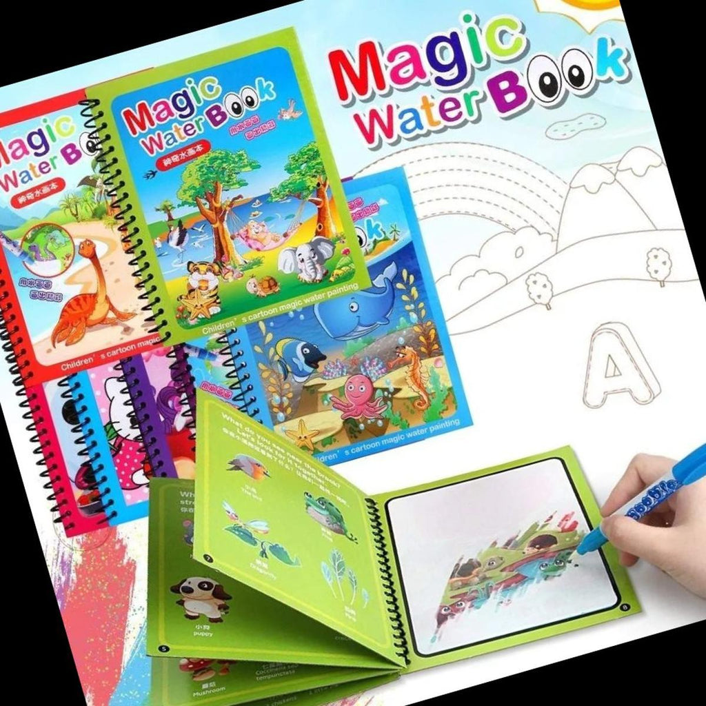 Magic Water Coloring Book For Toddlers Reusable Water Painting Book With 1 Pen Educational Travel Toy | 8 pages (Random Design)