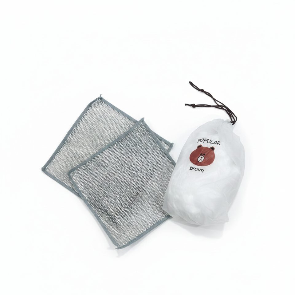 Combo Deal �2 Pcs Metal Wire Cleaning Cloths with 1 Bear Design Food Cover Packet �Kitchen Cleaning & Food Protection Set