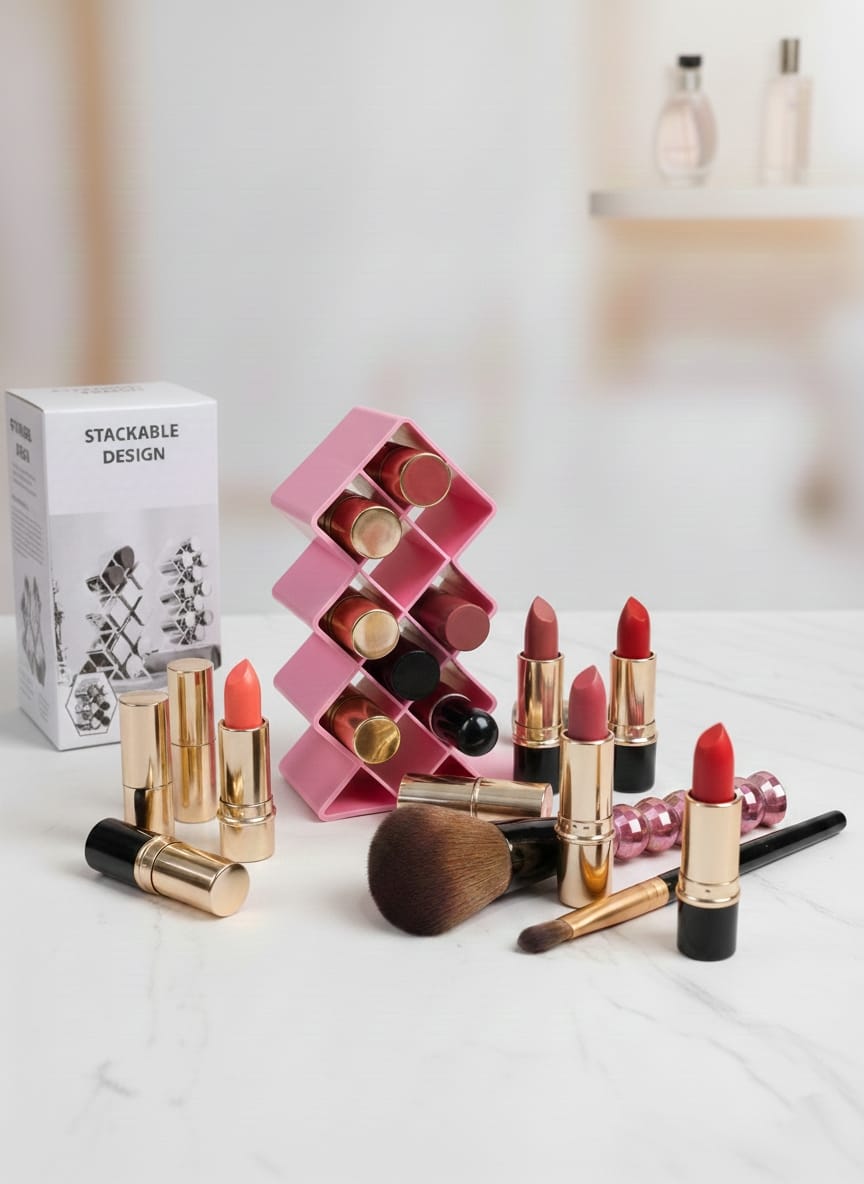 Plastic 10 Grid Lipstick Organizer with Storage Box �Makeup Holder for Lipsticks & Cosmetics - With Box (Random Color)