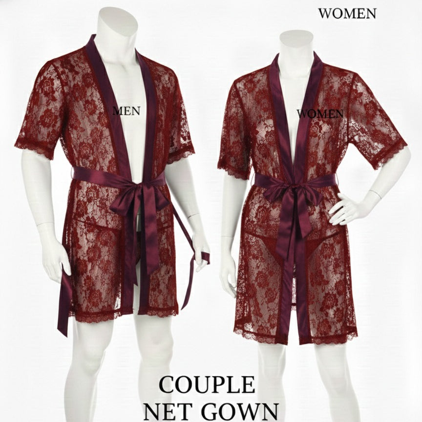 Couple Matching Romantic Robe / Gown Set �Sensual Net Nightwear for Men & Women (Pack of 2) | SKU: DC-C004 | Maroon