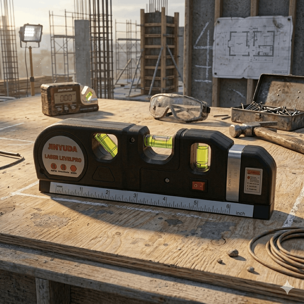Multipurpose 4-in-1 Laser Level, Ruler, and Spirit Level Tool with Triple Bubble Vials for Precise Home Improvement & Construction Tasks