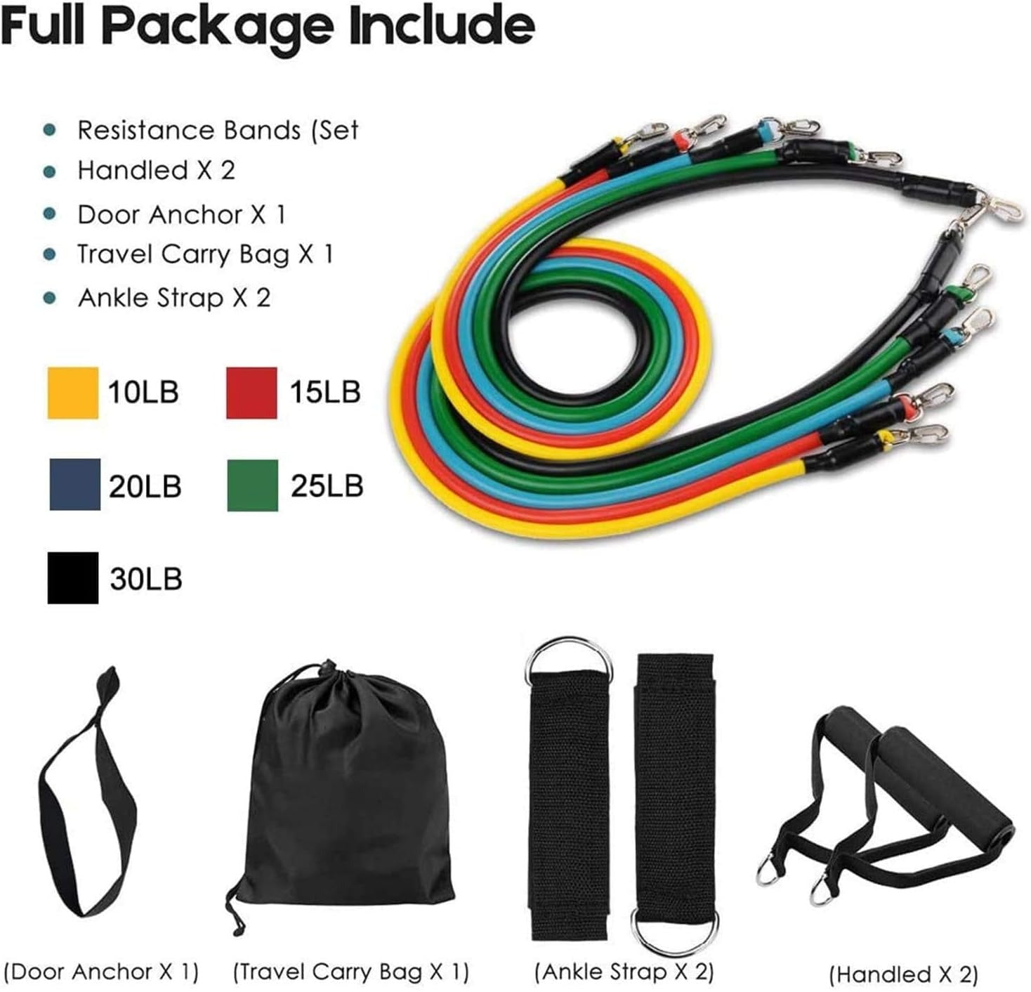 Resistance Bands Set | 11pcs Latex Pull Rope | With Door Anchor, Handles & Ankle Straps | Home & Gym Workout