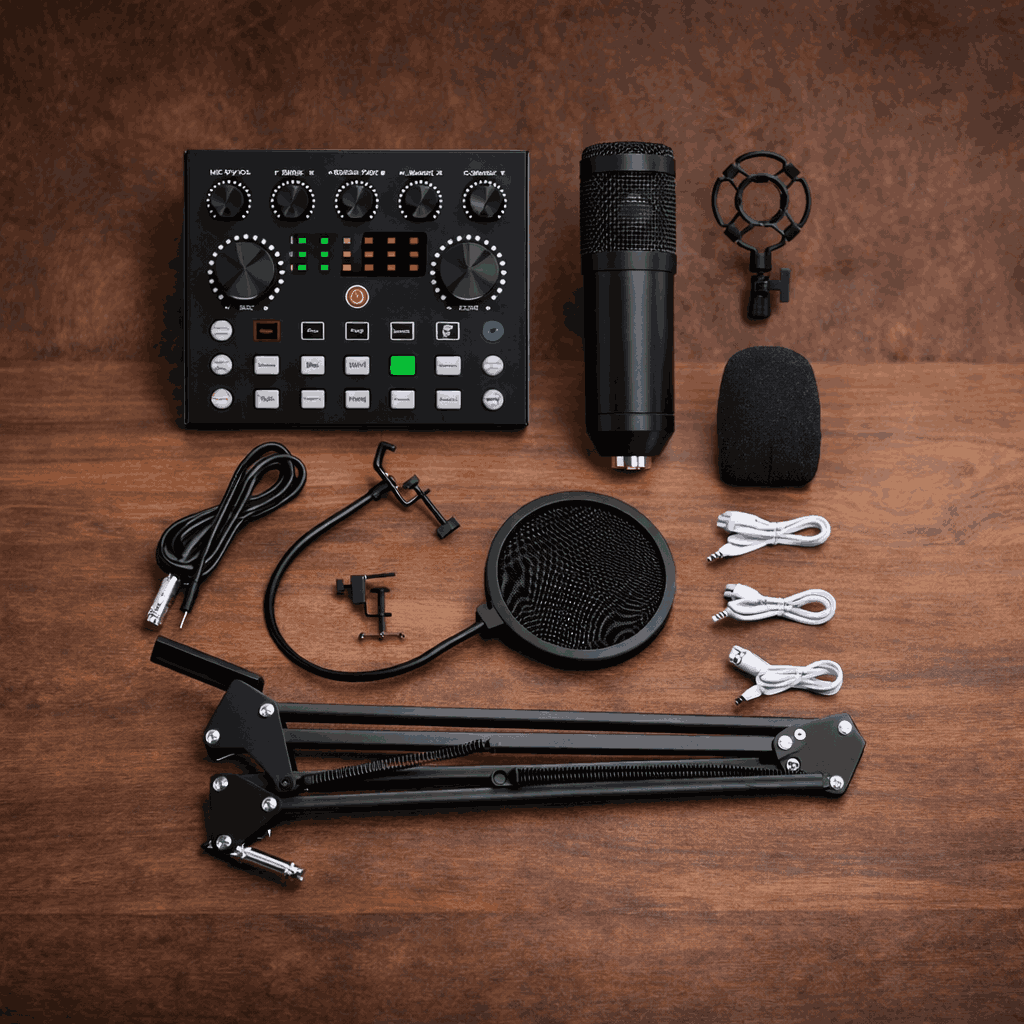 V10 BM-800 Podcast Condenser Microphone Set with Live Sound Card & Adjustable Scissor Arm Stand