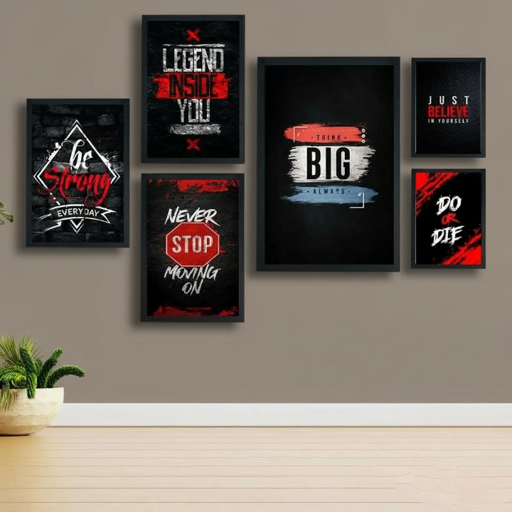 Motivational Wooden Wall Art Frame Set �6 Pcs Inspirational Quotes | Be Strong, Think Big, Never Stop, Do or Die | Premium Quality Wooden Frames for Home & Office