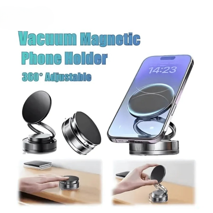 360? Folding Magnetic Phone Holder with Vacuum Suction | Strong Dashboard & Windshield Car Mount | Adjustable Mobile & Desk Stand