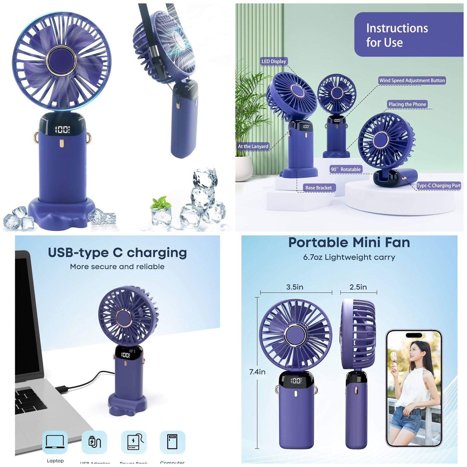 Digital Display Portable Mini Fan �5-in-1 Multipurpose USB-C Rechargeable Handheld Fan - With Cable (Random Color)