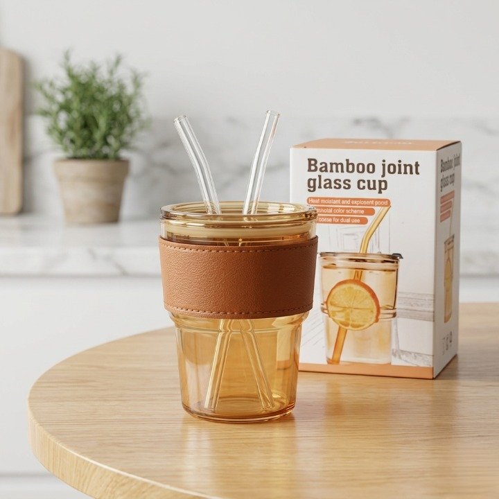 Premium Amber Glass Coffee Tumbler �Travel Mug with Leather Heat Sleeve, Glass Straw (400ml)