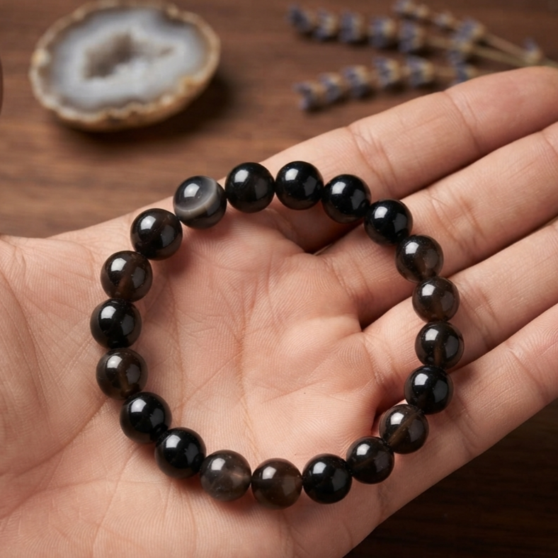 Natural Black Aqeeq Stone Bracelet - Genuine Onyx Gemstone Beaded Wristband Elegant Handcrafted Jewelry For Men And Women Fashion Accessory - Adjustable