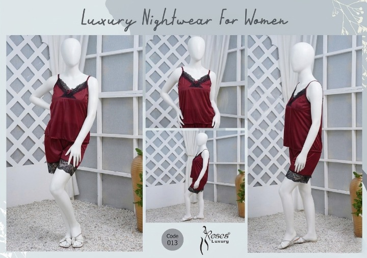Women's Silk Nightwear Set with Black Lace �2 Piece Cami Top & Shorts Sleepwear (Free Size) [SKU R-013] - Red