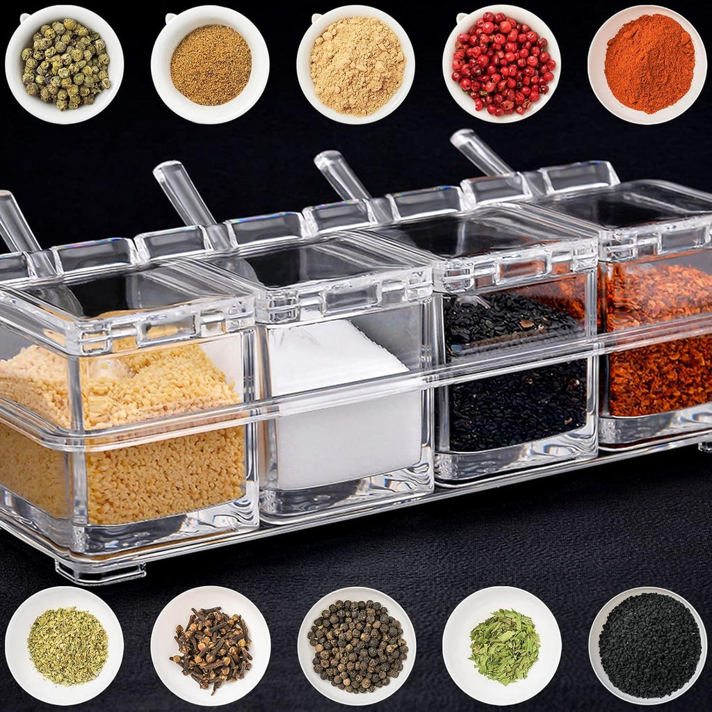Crystal Seasoning Box With 4 Compartments And Spoons �Transparent Spice Storage Container Set For Kitchen Organization