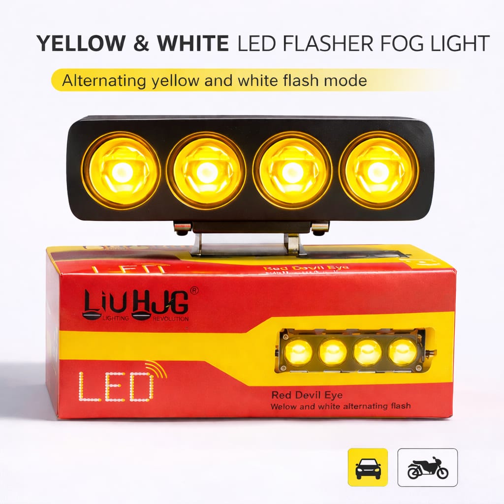 4 Lens Flasher Fog Light 40W �Dual Color White & Yellow LED Strobe Light for Bike & Car (DC 9V�0V) | Pack of 1
