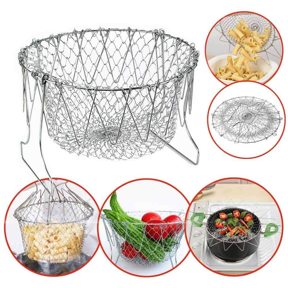 Stainless Steel Multi-Functional Foldable Chef Basket �Deluxe Kitchen Colander, Mesh Steam, Rinse, Strain & Fry Basket
