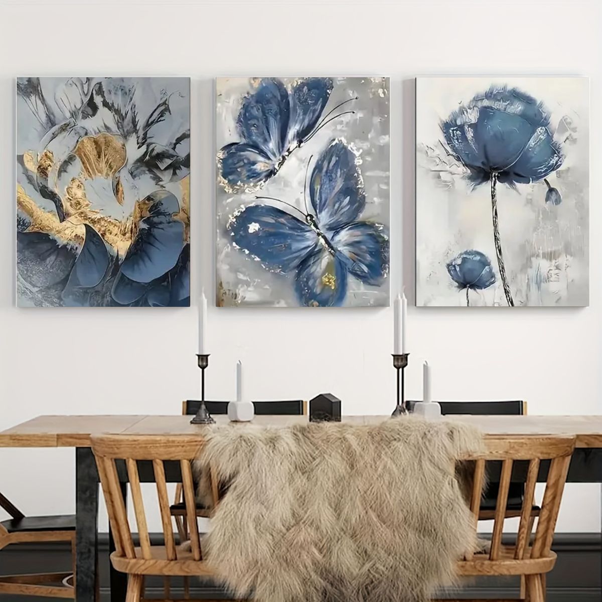 Elegant 3-Piece Flower Wall Frame Set �Blue & Gold Abstract Art for Modern D?or 8 X 11