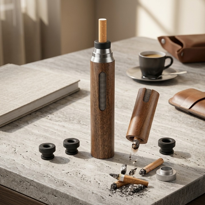 Premium Handheld Ashless Cigarette Holder �Portable Wooden Anti-Ash Car & Desktop Smoking Sleeve Protective Cover