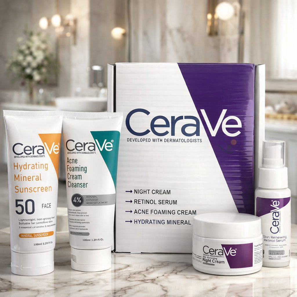 CeraVe Complete Skincare Bundle for Acne & Anti-Aging | Includes Acne Foaming Cream Cleanser, Retinol Serum, Night Cream & Hydrating Mineral Sunscreen SPF 50