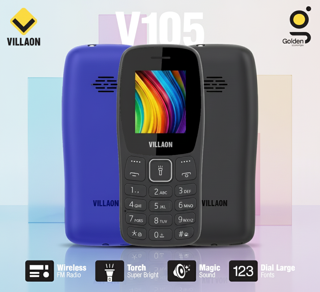 Villaon V105 Dual SIM Feature Phone �Ultra-Bright Torch, Wireless FM Radio, and Large Font Display for Enhanced Accessibility