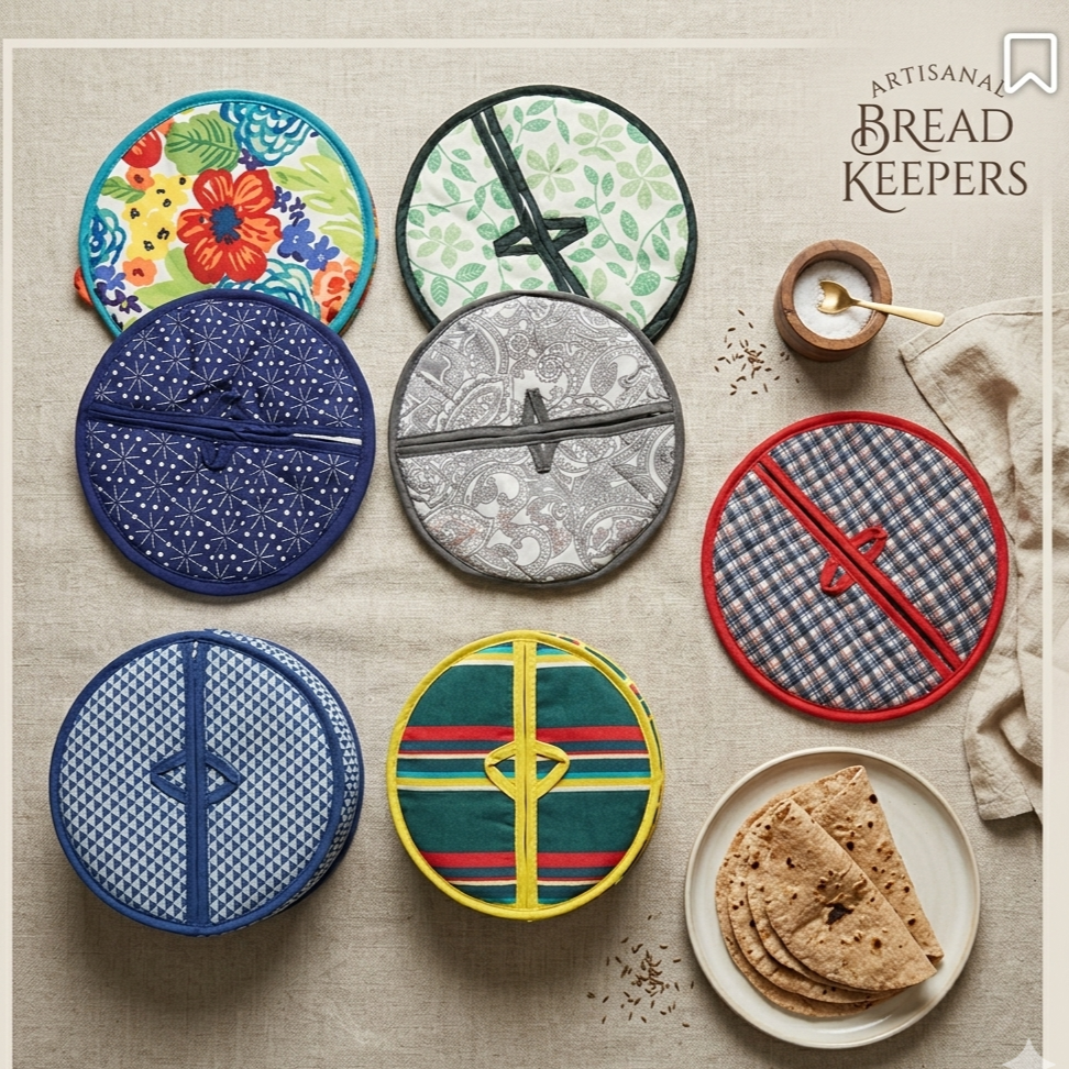 Roti Chapati Cotton Cover Bag With Round Zip Opening Keeps Rotis Fresh And Warm ( Random Design And Colour )