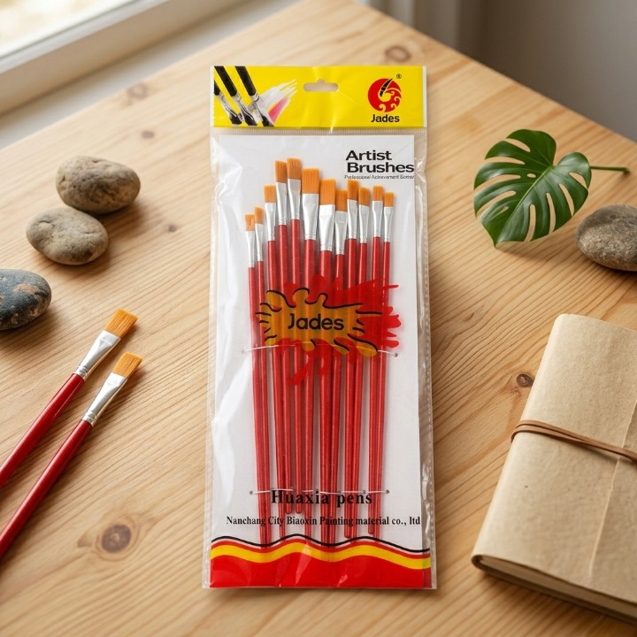 Writing Brush Set 12 Pcs Plastic Handle Flat Tip Brushes For Acrylic Oil And Watercolor Painting