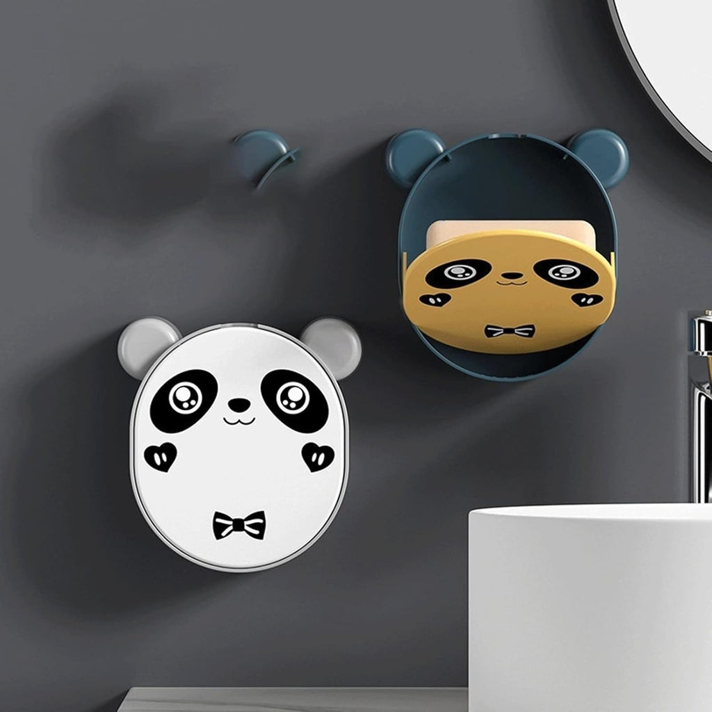 Wall Mounted Cute Panda Soap Dish Holder  �Punch-Free Plastic Soap Box Rack for Bathroom & Kitchen Storage (Random color)