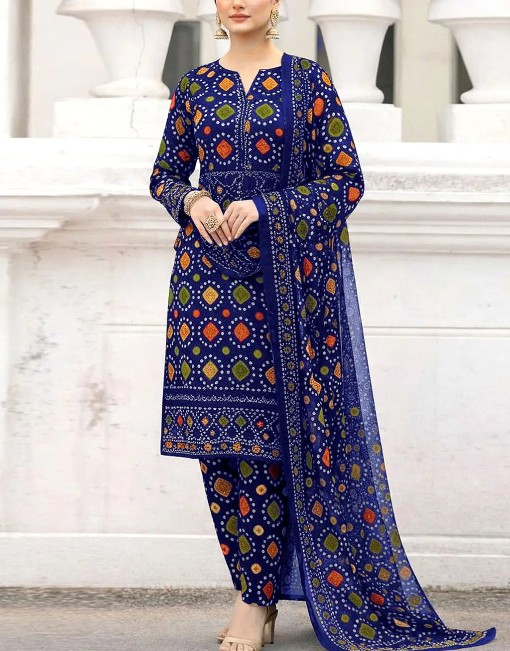 Stylish Digital Chunri Print Embroidered Lawn 3PC Unstitched Suit with Chiffon Dupatta