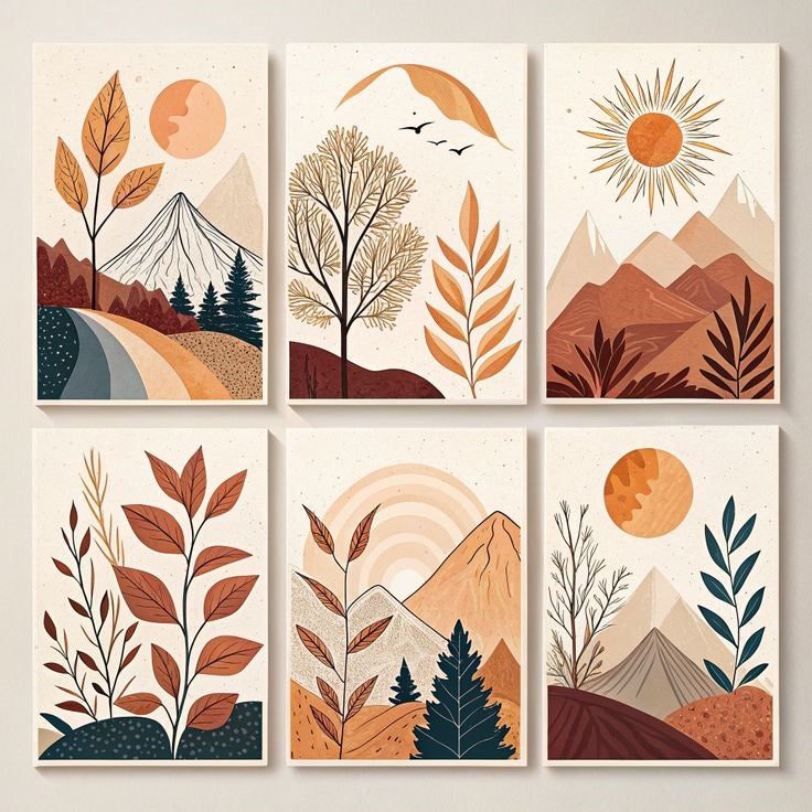 Hills Moon Sun Leaves Wooden Wall Art �6 Piece Decorative Frame Set Made With Wooden Stickytile, Size 8x11 Inches Each, Easy To Mount With Double Tape