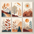 Hills Moon Sun Leaves Wooden Wall Art �6 Piece Decorative Frame Set Made With Wooden Stickytile, Size 8x11 Inches Each, Easy To Mount With Double Tape