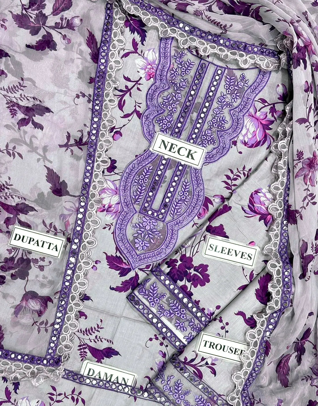 Aneela? Luxury 9mm Sequins Embroidered Lawn 3 Piece Unstitched Dress with 4-Side Embroidered Chiffon Dupatta
