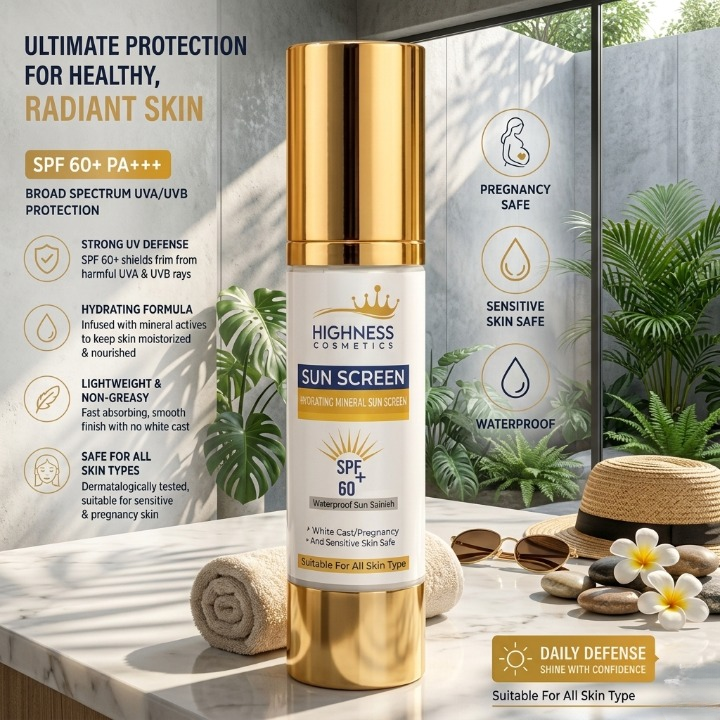 Highness Cosmetics Hydrating Mineral Sunscreen SPF 60 Plus PA Triple Premium Royal Shield Formulaested Formula 100ml