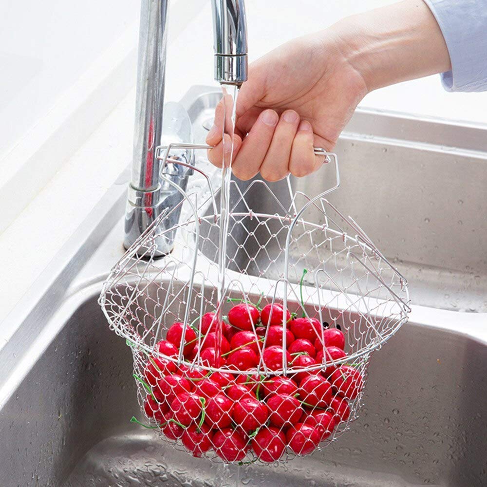 Stainless Steel Multi-Functional Foldable Chef Basket �Deluxe Kitchen Colander, Mesh Steam, Rinse, Strain & Fry Basket