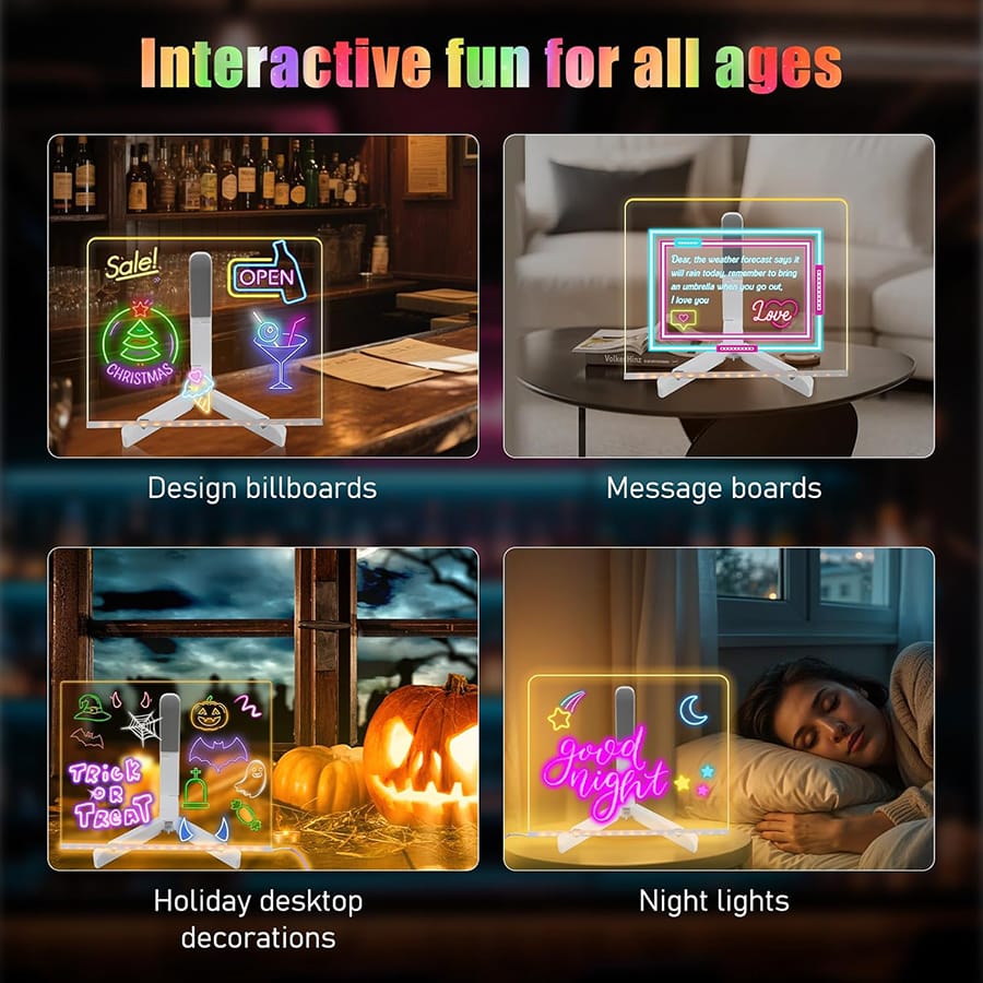LED Light-Up Writing Board With 7 Marker �15?15 cm Acrylic Message Pad with Stand | Colorful DIY Notes & Erasable Neon Pens
