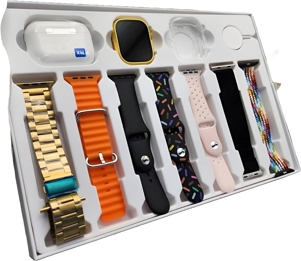 i20 Ultra Max Suit Smartwatch 10-in-1 Box �2.3-Inch Large Display with 7 Mixed Color Straps and AirPods 2 �Complete Smart Combo Set for Men and Women (Random Color)